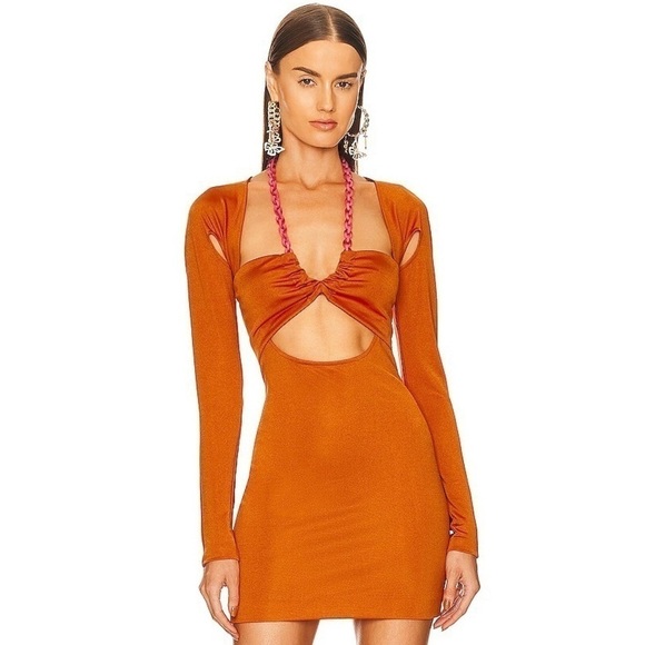 DUNDAS REVOLVE Chain Halter Sweetheart Neck Long Sleeve Cutout Bodycon Dress L - Picture 7 of 10